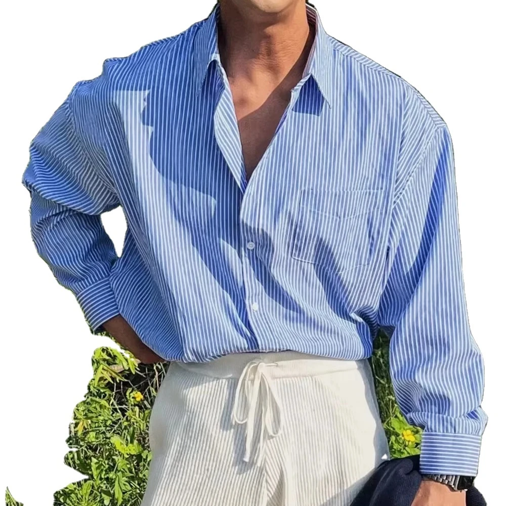 MOUNTNEVE Veste Chemise Décontractée Homme Printemps Manches Longues Rayée Respirante Séchage Rapide Boutonnage Simple