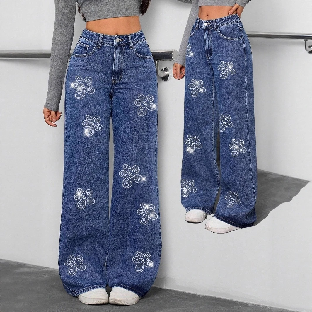 Jean en denim pour femme, style européen, nouvelle collection 2026, couleur unie, taille mi-haute, boutonné, été, écologique, coupe ample,