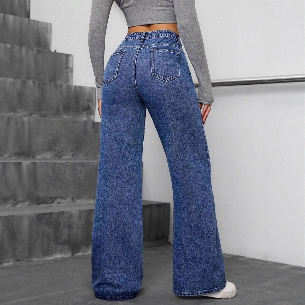 Jean en denim pour femme, style européen, nouvelle collection 2026, couleur unie, taille mi-haute, boutonné, été, écologique, coupe ample,