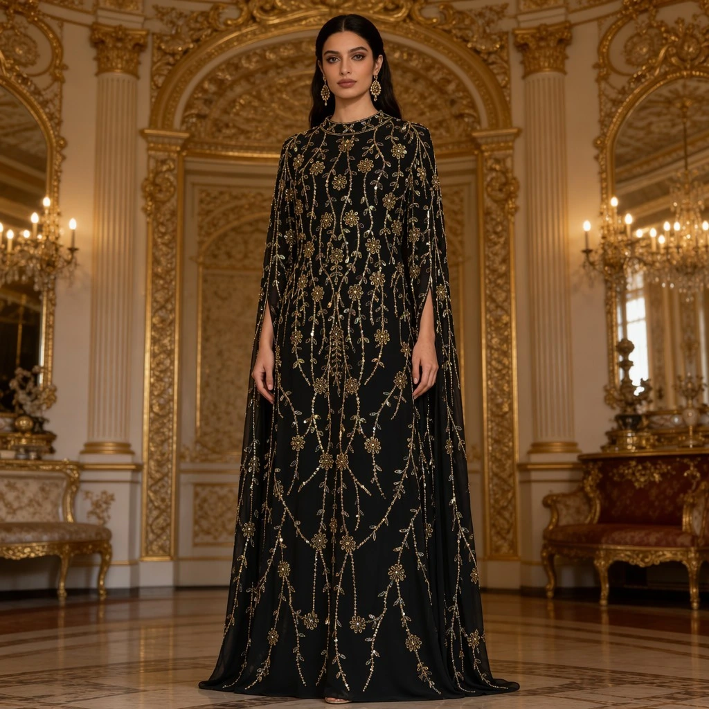 Abaya Dubaï de luxe perlée, brodée et ornée de sequins, robe caftan musulmane, élégante robe de soirée islamique pour l'Aïd .
